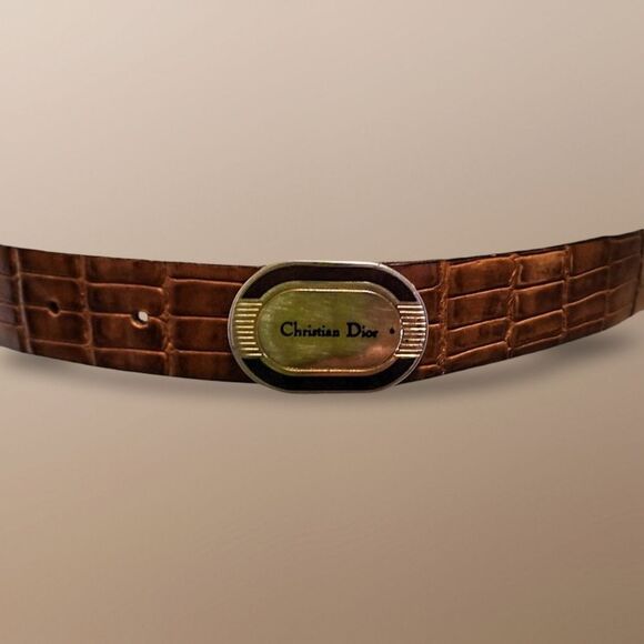 Vintage Dior Brown Leather Belt with Multi Color Alloy Buckle